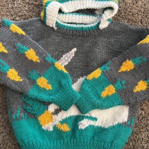 Handmade Bunny Easter Sweater With Hood Carrots - Picture 5 of 13
